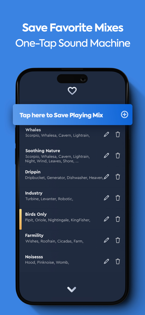 Interfaccia dell'app Guva che mostra un elenco di mix sonori personalizzati salvati come natura e uccelli