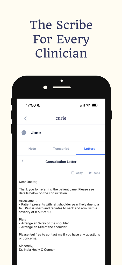 Curie - AI Medical Scribe - Curie AI Medical Scribe mobile app showing an automated consultation letter for clinical documentation.