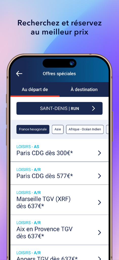 Air Austral app screen showing special flight offers from Saint Denis to destinations in France
