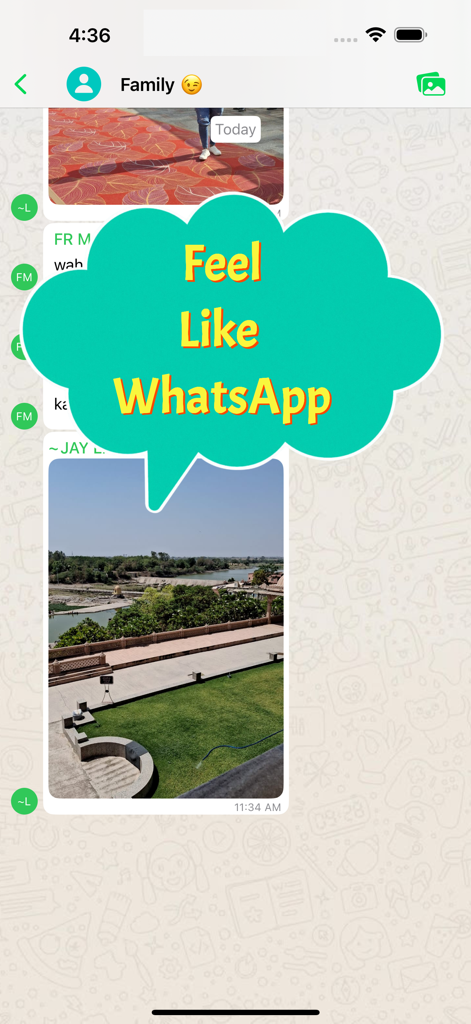 Status downloader - A mobile screen showing a chat conversation that mimics the WhatsApp user interface with a green bubble saying Feel Like WhatsApp.
