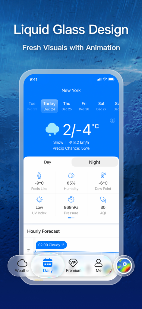 Interfaz de la aplicación MojiWeather que muestra datos meteorológicos de Nueva York con diseño de vidrio líquido e índices detallados como humedad y UV