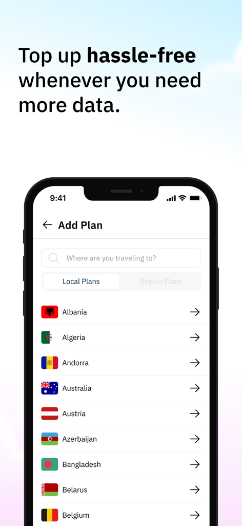 Kurosim app interface showing a list of international data plans for countries like Australia and Austria