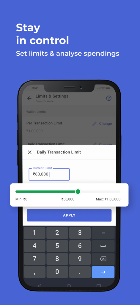 Cash Book - Balance & Expense - Cash Book app screen showing a daily transaction limit setting with a slider and numerical input.