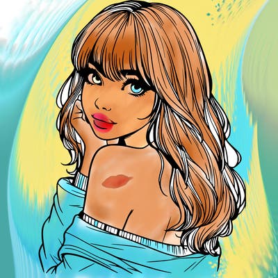 realistic girl with bangs looking over her shoulder