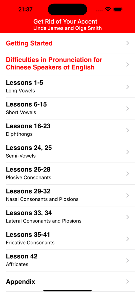 Get Rid of Chinese Accent - A menu list of British English pronunciation lessons categorized by vowels and consonants in the mobile app