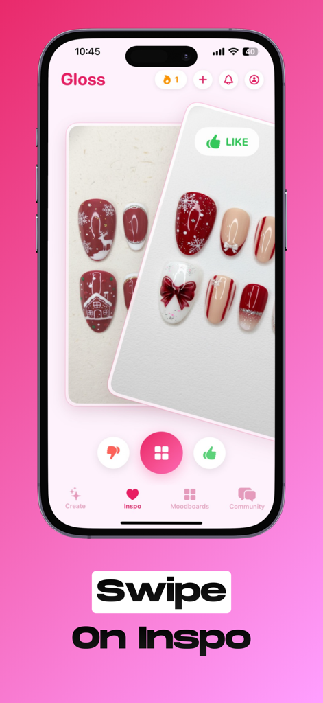 Gloss Nail Art - Gloss Nail Art app interface showing a swipeable card feed of holiday-themed nail design inspiration.