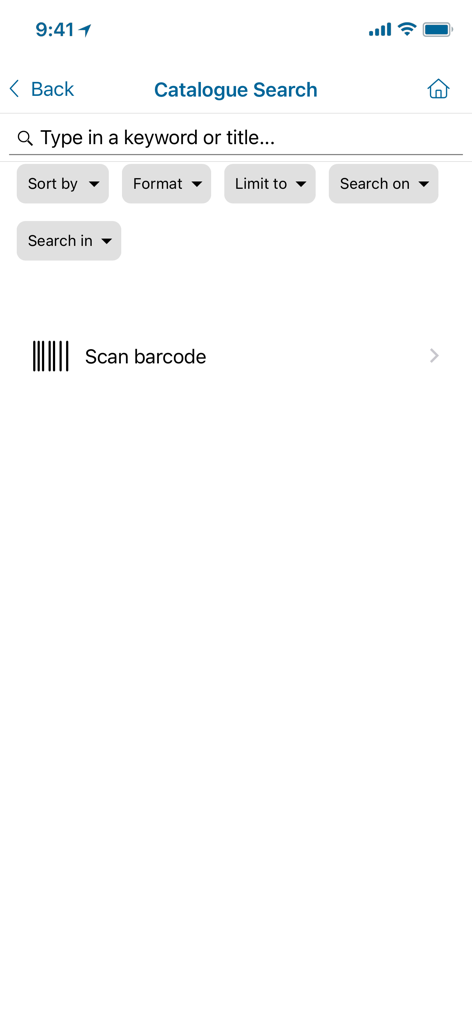 Clare County Library - Catalogue search screen in the Clare County Library app with barcode scan option.