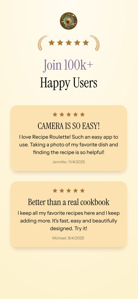 Recipe Roulette - A screenshot of user testimonials for the Recipe Roulette app showing a five-star rating and positive reviews from happy users.