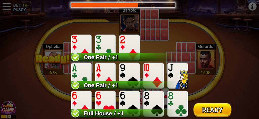 Poker & Slots - Poker Offline - A mobile screen showing a Pusoy card game hand with a full house and two pairs