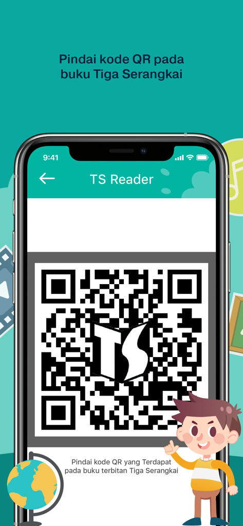 TS Reader - Aplicación móvil TS Reader que muestra el escáner de código QR utilizado para desbloquear contenido multimedia de libros de texto