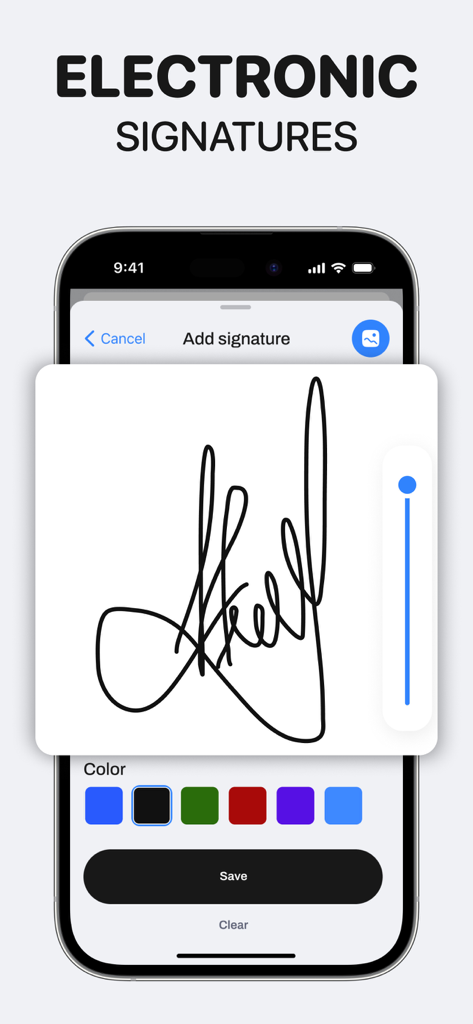 eSign: Sign PDF & Docs - Uma tela móvel mostrando a criação de uma assinatura digital com opções de seleção de cores e um botão Salvar