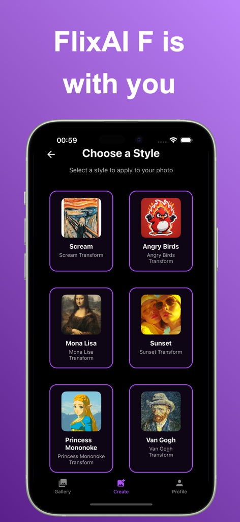 Flix AI - Flix AI app interface showing different artistic styles for photo transformation including Van Gogh and Princess Mononoke