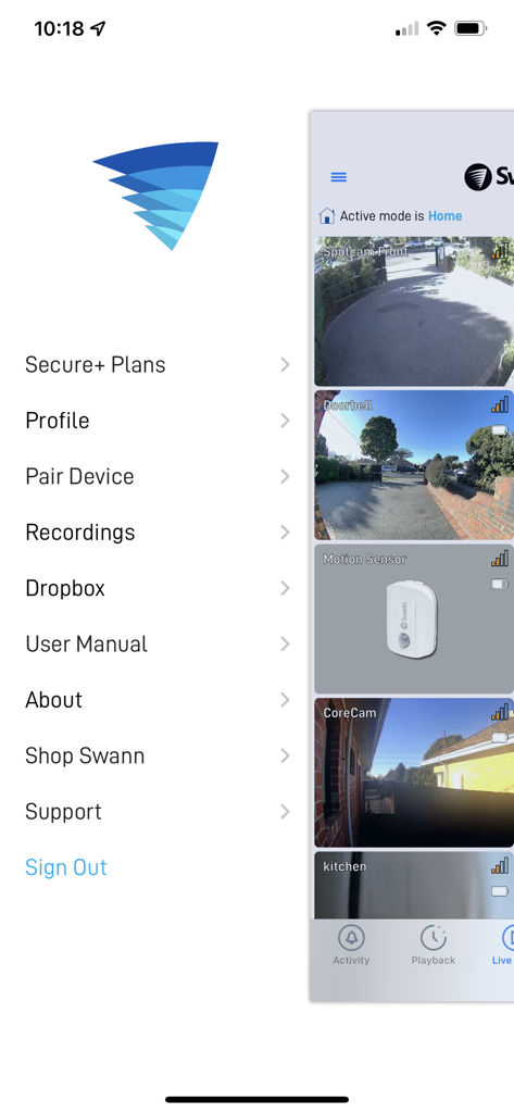 Menú lateral de la aplicación Swann Security y panel de cámaras en vivo