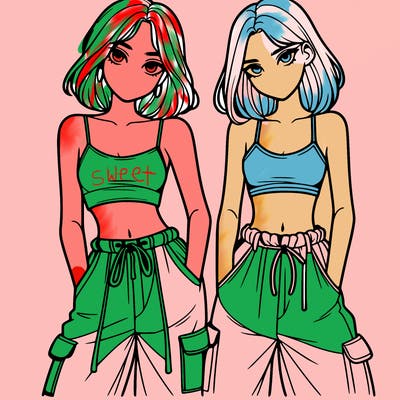 two girls with crop top with baggy pants