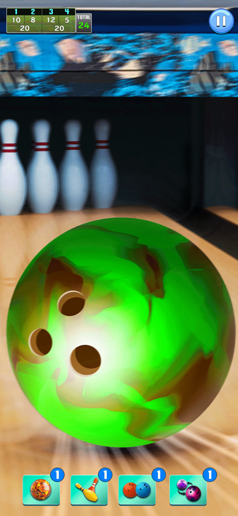 Jugabilidad de Bowling Game 3D que muestra una bola de bolos verde y bolos en la pista