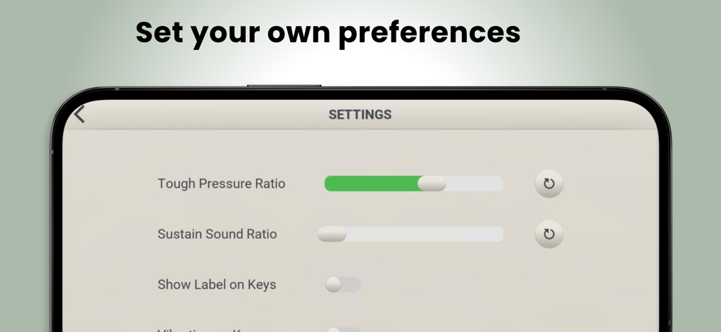 Il menu delle impostazioni dell'app Tastiera Pianoforte Virtuale che mostra le opzioni per personalizzare il rapporto di pressione, il sustain e le etichette dei tasti