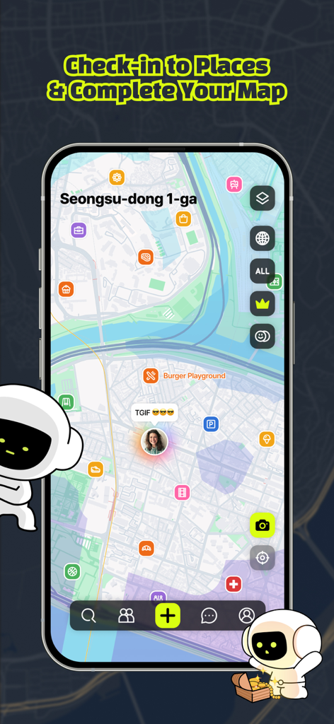 Lalatok: Map-Based Social App - Interfaz de la aplicación Lalatok que muestra un mapa social con check-ins de usuarios, pines de ubicación y funciones de descubrimiento.