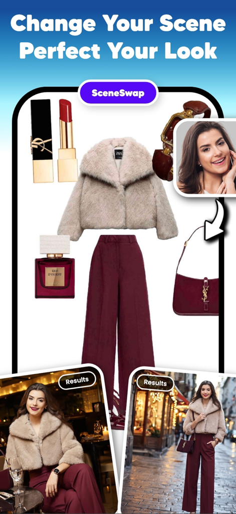 Combyne & Ai Try On - WearUp! - WearUp app SceneSwap feature showing a woman virtually trying on an outfit in different settings