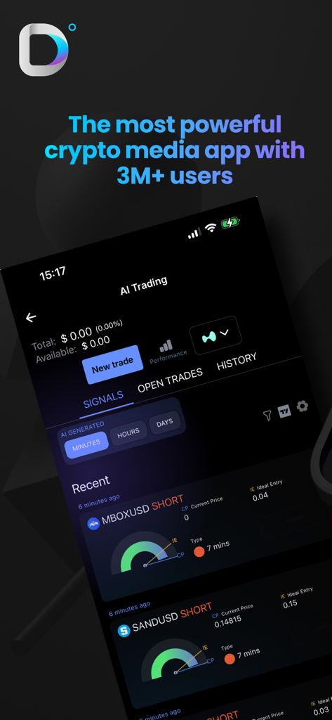 Dopamine app AI trading interface with crypto market signals