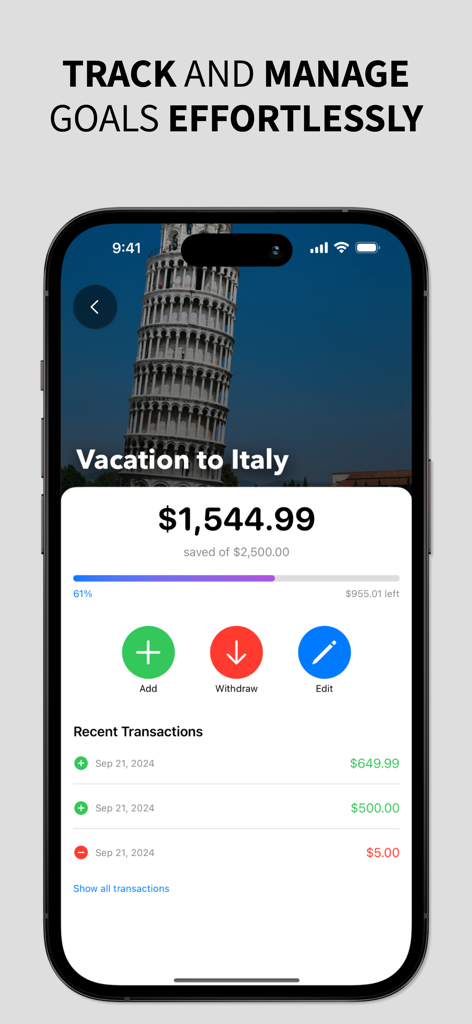 Interfaz de la aplicación Meta de Ahorro que muestra el progreso de un objetivo de vacaciones en Italia con una barra de progreso e historial de transacciones.
