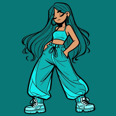 girl in baggy pants crop top and long hair