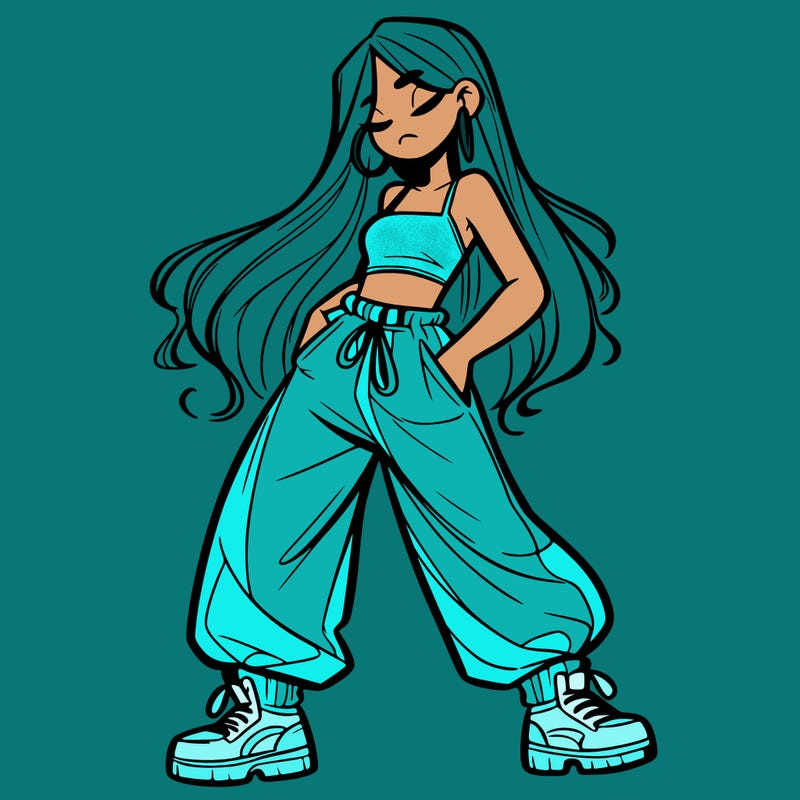 girl in baggy pants crop top and long hair