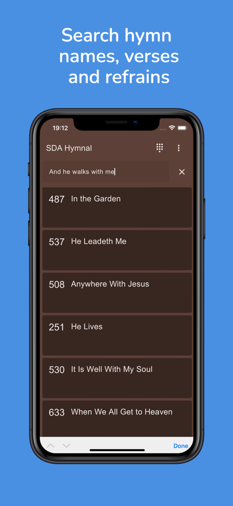 SDA Hymnal - Offline Music - Interfaz de búsqueda de la aplicación Himnario Adventista que muestra los resultados de una estrofa de himno