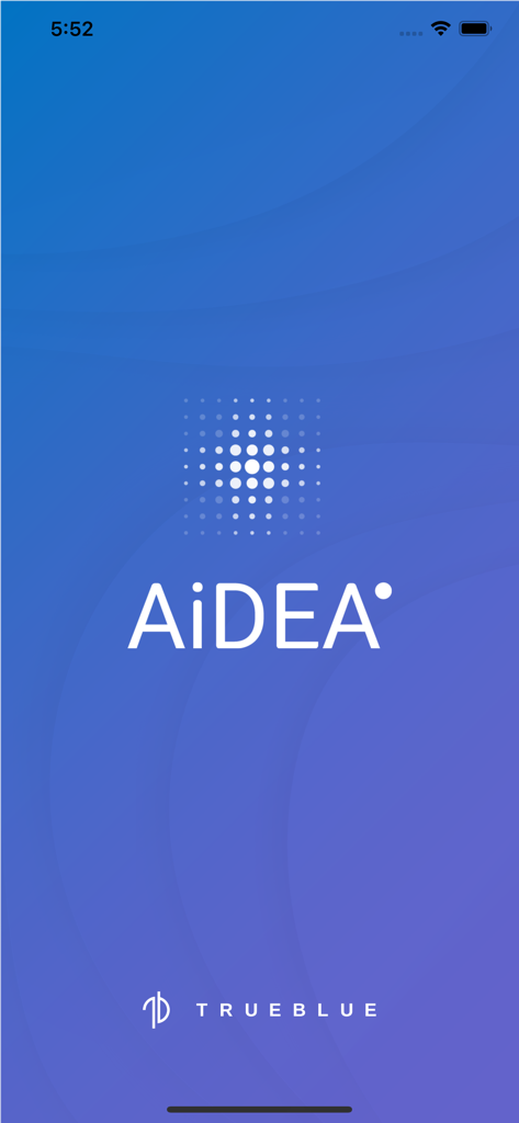 Der Splashscreen der AiDEA CRM-App mit dem Logo und dem Trueblue-Branding