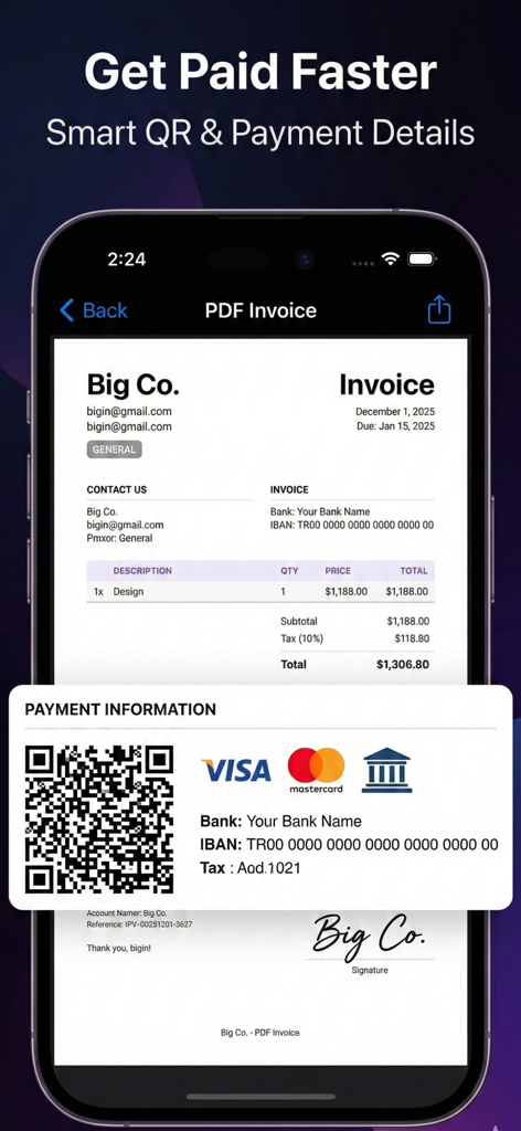 Factura PDF profesional en la pantalla de un smartphone con un código QR inteligente para pagos móviles.