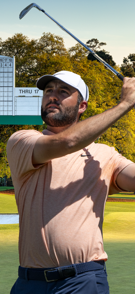 The Masters Tournament - Golfista profesional Scottie Scheffler completando un swing en el Masters Tournament con una tabla de clasificación al fondo.
