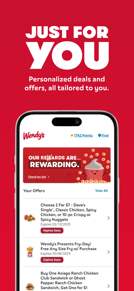 Wendy’s - Sección 'Solo para ti' de la app de Wendy's mostrando ofertas de comida y recompensas personalizadas