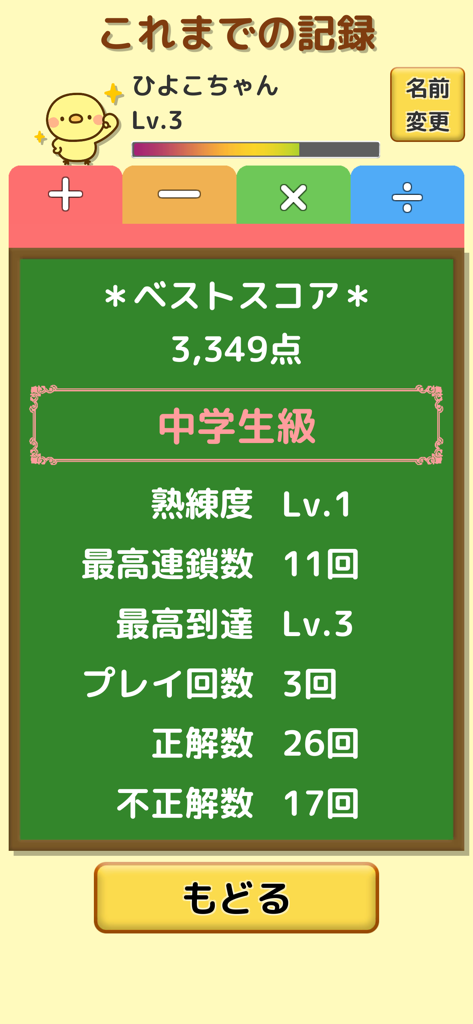 Hiyoko Anzan mental math app records screen showing high scores and statistics
