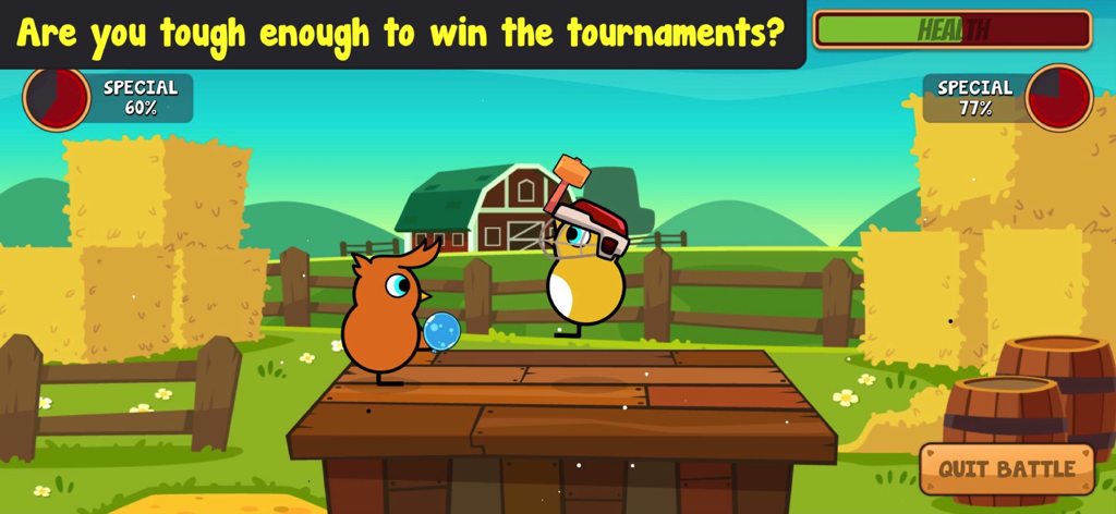 Duck Life 7: Battle - Two ducks competing in a battle tournament on a wooden platform with a farm background