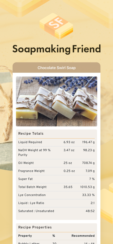 Soapmaking Friend – Soap Calc - Soapmaking Friend app screen showing recipe totals and ingredient weights for a chocolate swirl soap