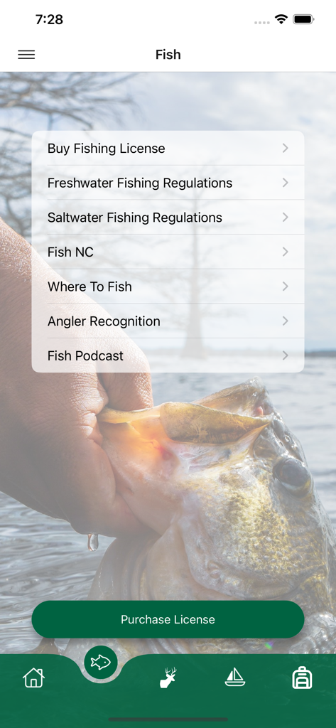 Go Outdoors North Carolina - A screenshot of the Fish section in the Go Outdoors North Carolina app showing menu options for buying licenses, viewing regulations, and finding where to fish.