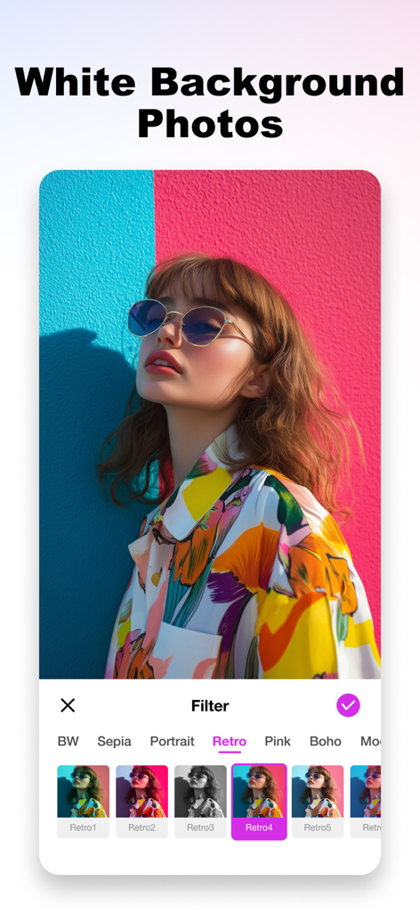 Background Eraser&Photo Editor - Una interfaz de aplicación móvil que muestra una foto de una mujer con gafas de sol y un filtro retro aplicado de una selección de opciones de edición que incluyen B/N y Sepia.