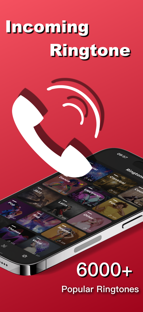 iPhone screen displaying a grid of ringtone music categories including Pop and Electronic