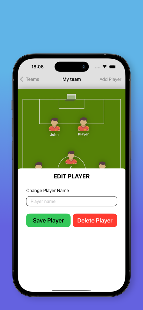 Interface do aplicativo Line Up Your Team mostrando o menu editar jogador sobre um campo de futebol