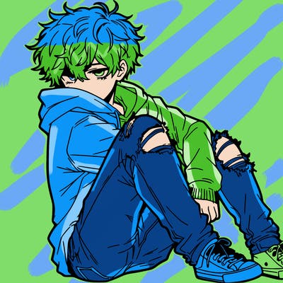 a male hoddie ripped jeans messy hair anime