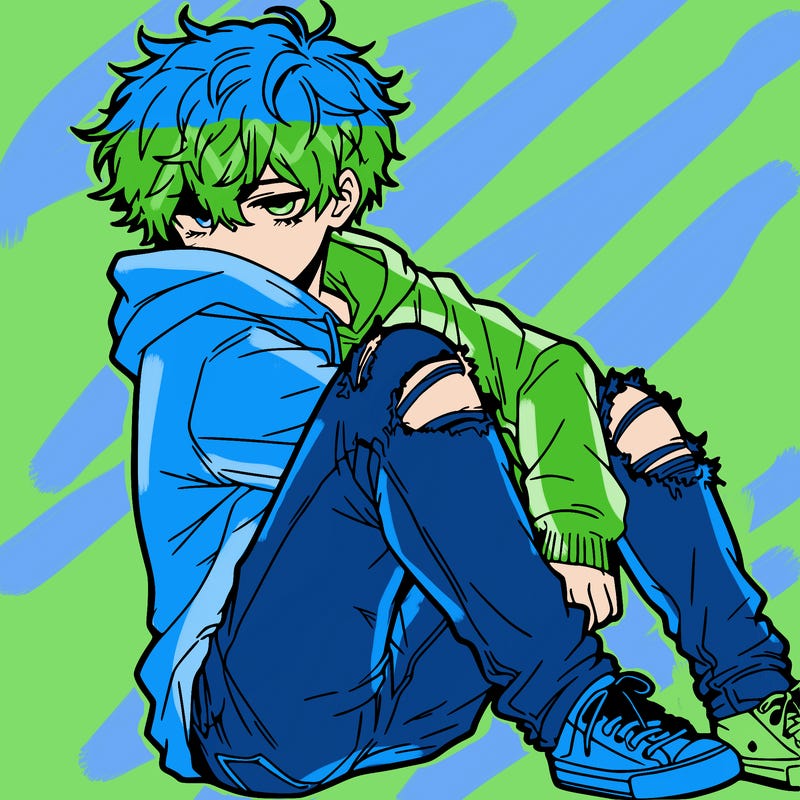 a male hoddie ripped jeans messy hair anime