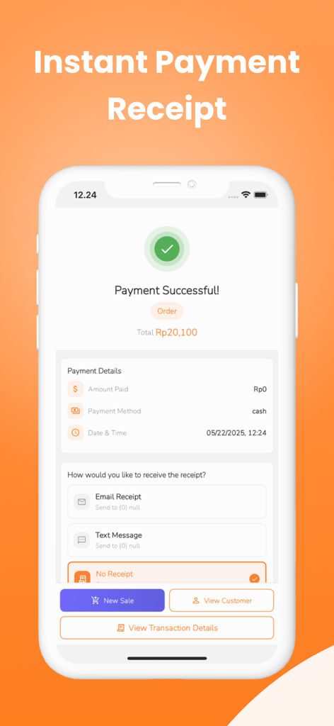 Rolly: Online Store Builder - Mobile app interface showing a successful payment confirmation with digital receipt options for small business owners.