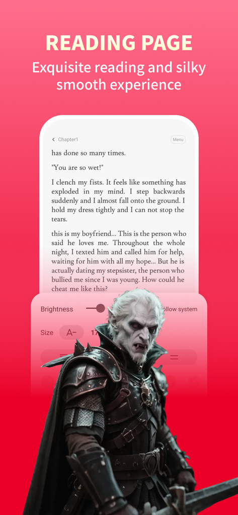 Reading page interface of iFnovel app showing story text and display settings