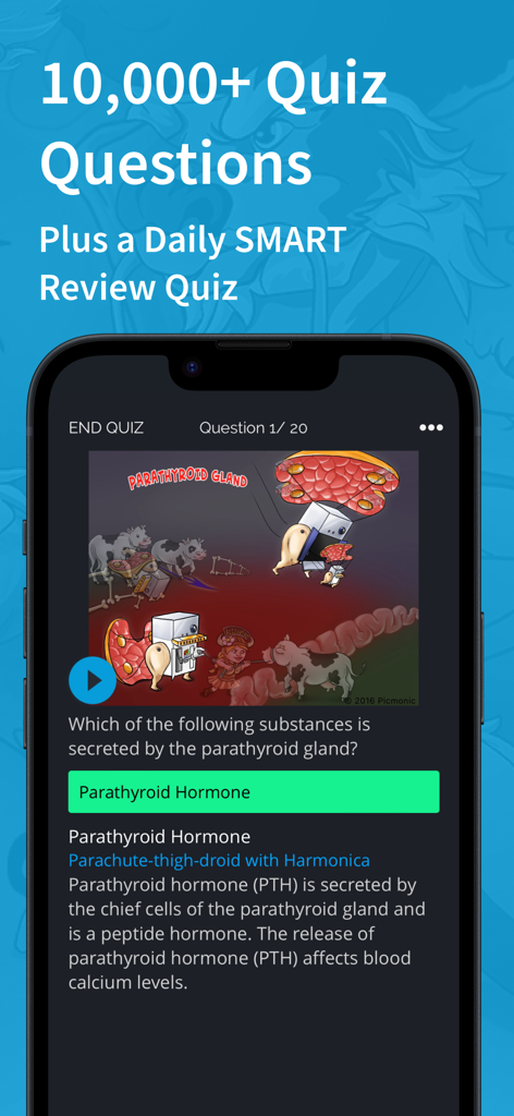 Picmonic Anatomy & Physiology - Picmonic Anatomy and Physiology app showing a quiz question about the parathyroid gland with a visual mnemonic illustration and correct answer feedback.