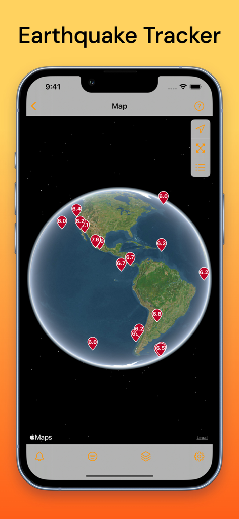 QuakeFeed Earthquake Alerts - QuakeFeed app screenshot showing a 3D globe with global earthquake magnitude pins.