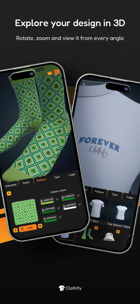 Clothify - Diseña ropa en 3D - Dos iPhones mostrando las funciones de diseño de ropa 3D para calcetines y camisetas personalizadas en la aplicación Clothify