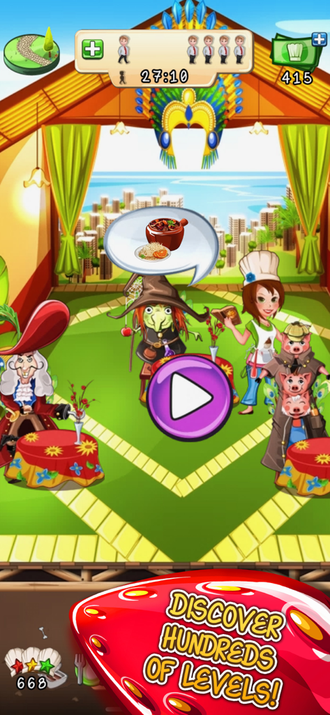 Tasty Tale - Tasty Tale game screen featuring fairytale characters like Captain Hook and a witch in a restaurant setting with a play button