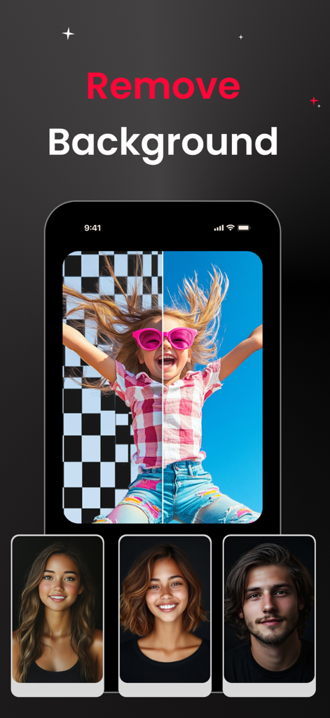 AI Photo Generator ⋅ Enhancery - Enhancery app interface demonstrating the AI background removal feature with a split-screen comparison