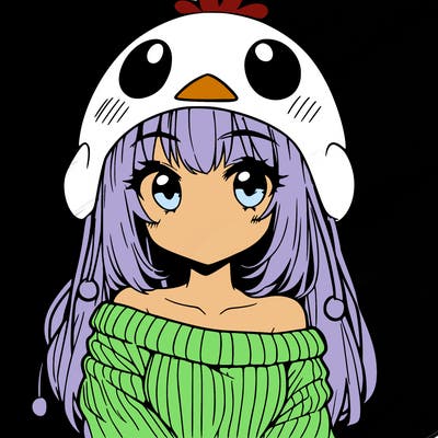 anime girl with chick shaped hat with sweater with bare shoulders with bangs covering them one eye with low tail
