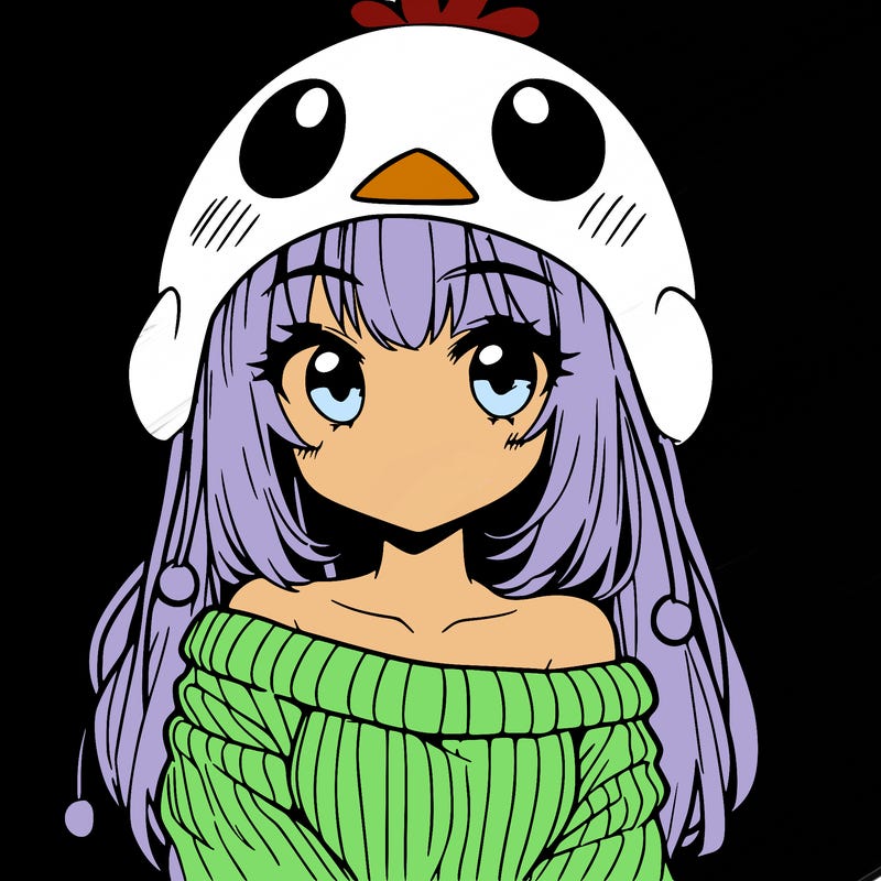 anime girl with chick shaped hat with sweater with bare shoulders with bangs covering them one eye with low tail