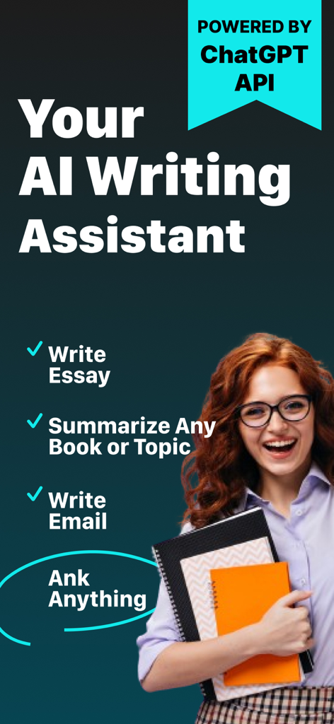 Writify: AI Writing Assistant - Writify AI Writing Assistant app screenshot showcasing features for essay writing and summarization featuring a student holding notebooks